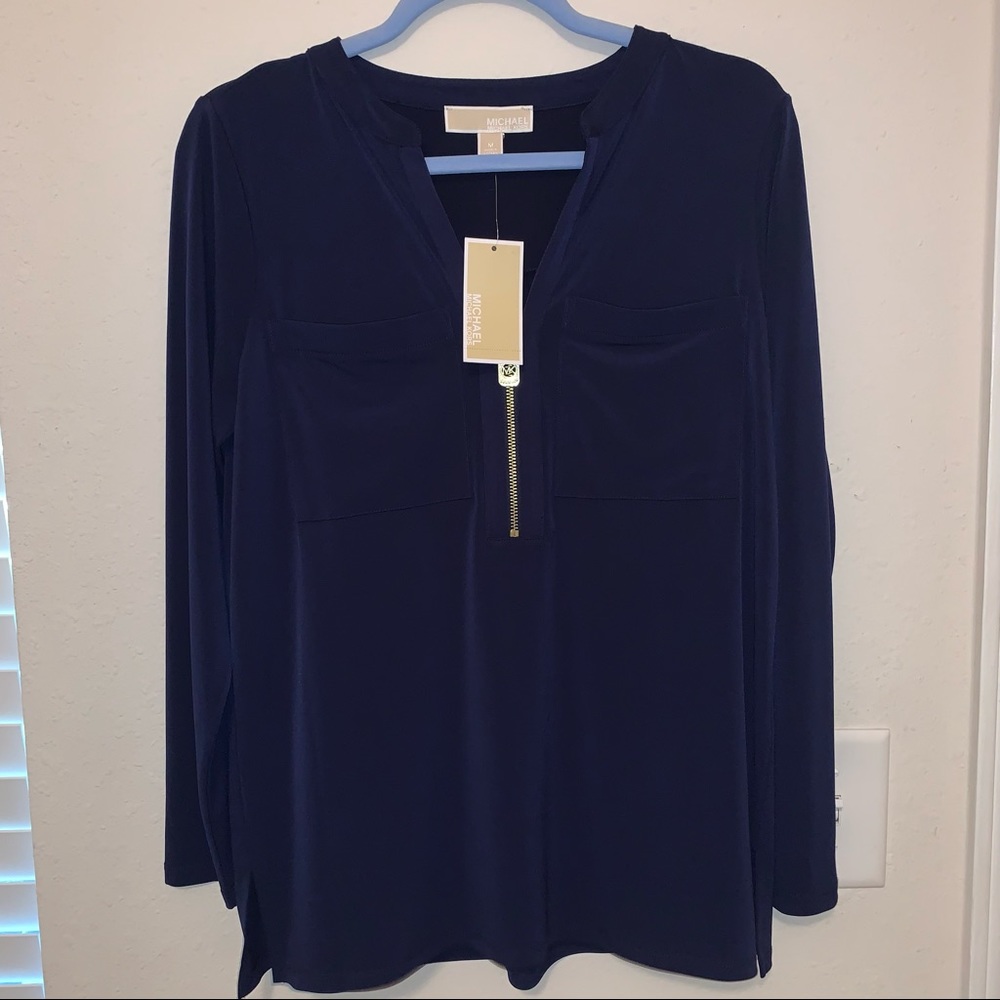 Michael Kors Long Sleeve Navy Blue Top with Gold Half Zip | Size M